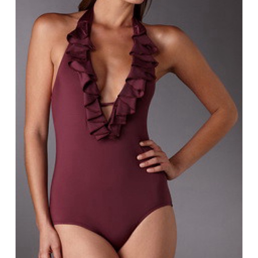 Perry Ellis dark purple halter one piece swimsuit